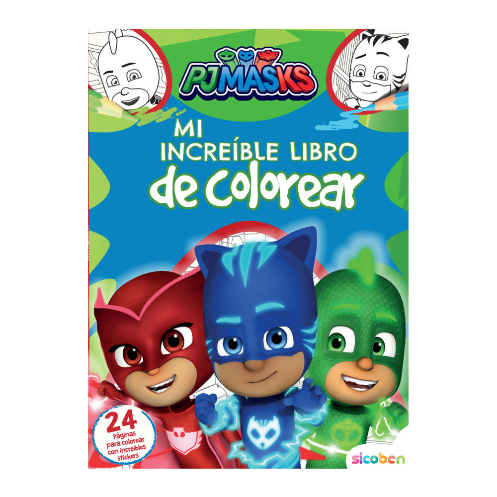 Libro de colorear PJ Masks con 24 páginas y stickers. Ideal para la creatividad y diversión de los niños.