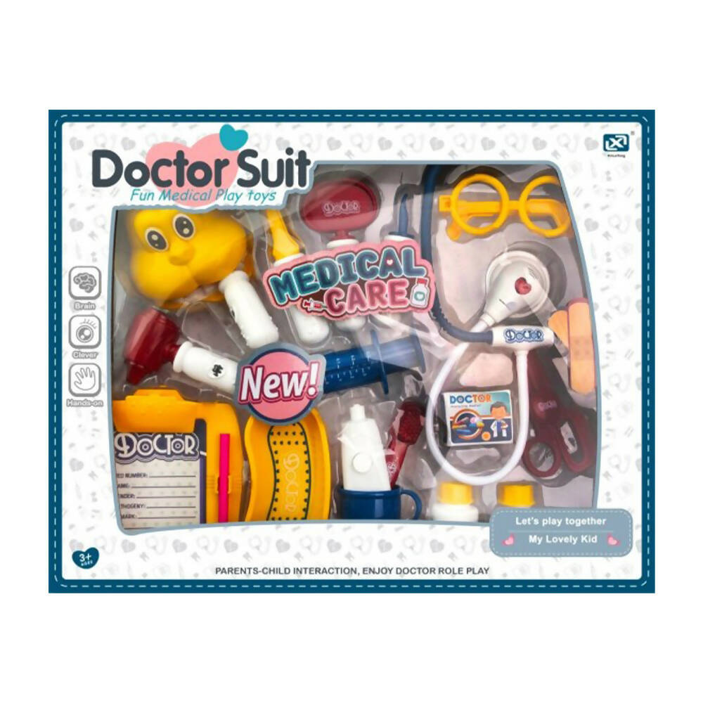 Set de doctor azul en caja para niños, ideal para juegos de rol y aprendizaje interactivo.