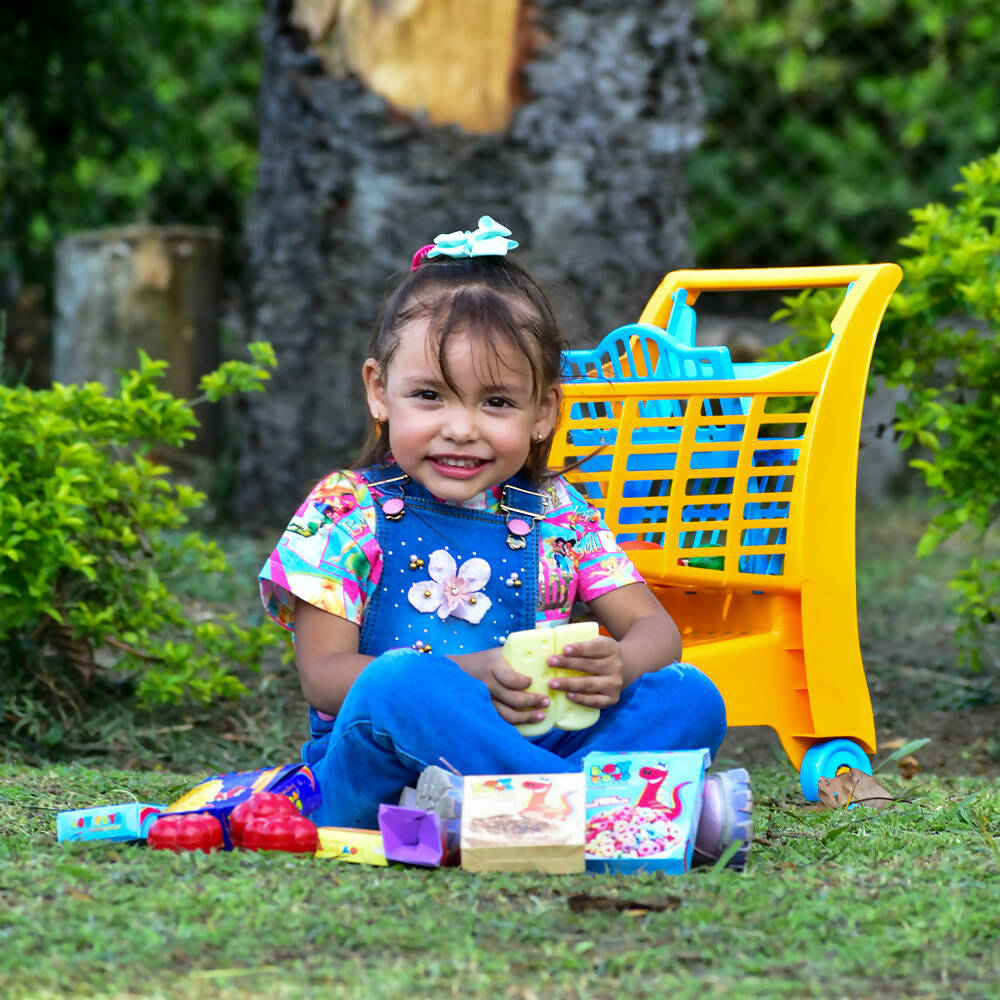 Niña con carrito de mercado de juguetes